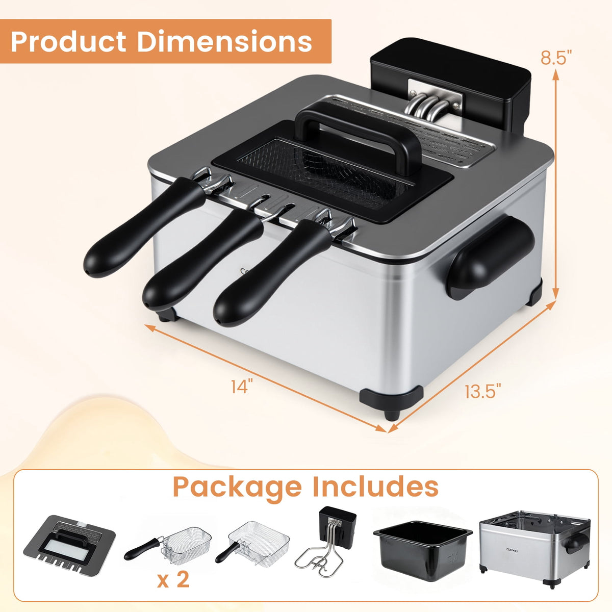 Costway Electric Deep Fryer 5.3 QT/21-Cup Stainless Steel 1700W with Triple Basket Silver