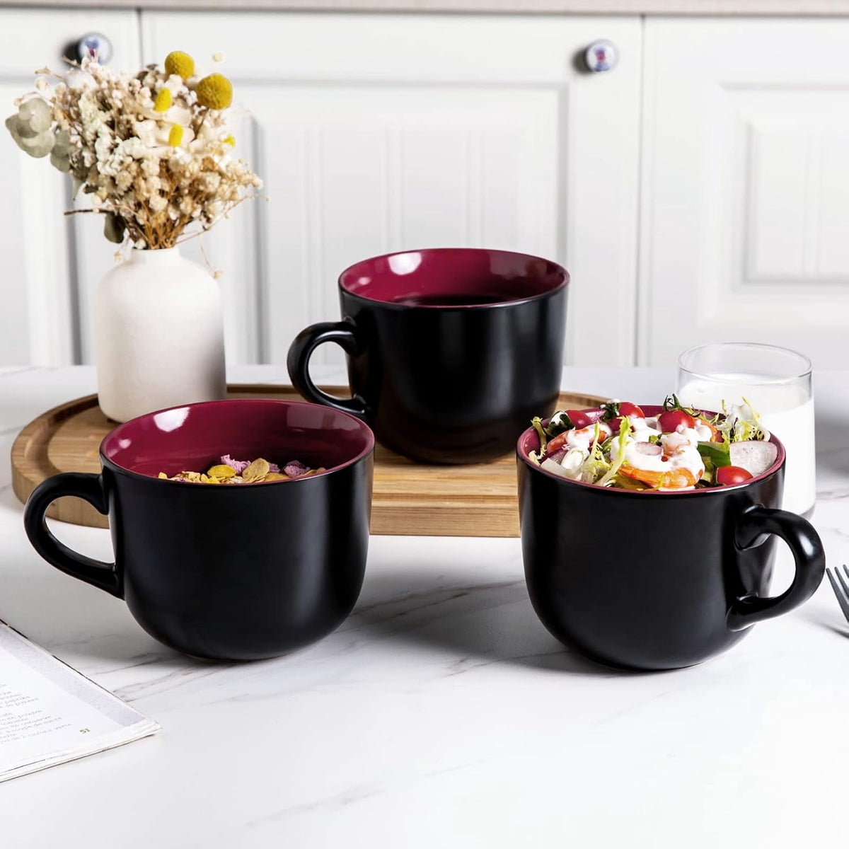 AmorArc Ceramic Soup Mugs with Lid, 24 oz Soup Cups with Hanlde for Coffee,Cereal,Salad,Noodles,Tea,Soup Bowls Cups,Microwave &Dishwasher Safe, Set of 4, Blue with Vented lid