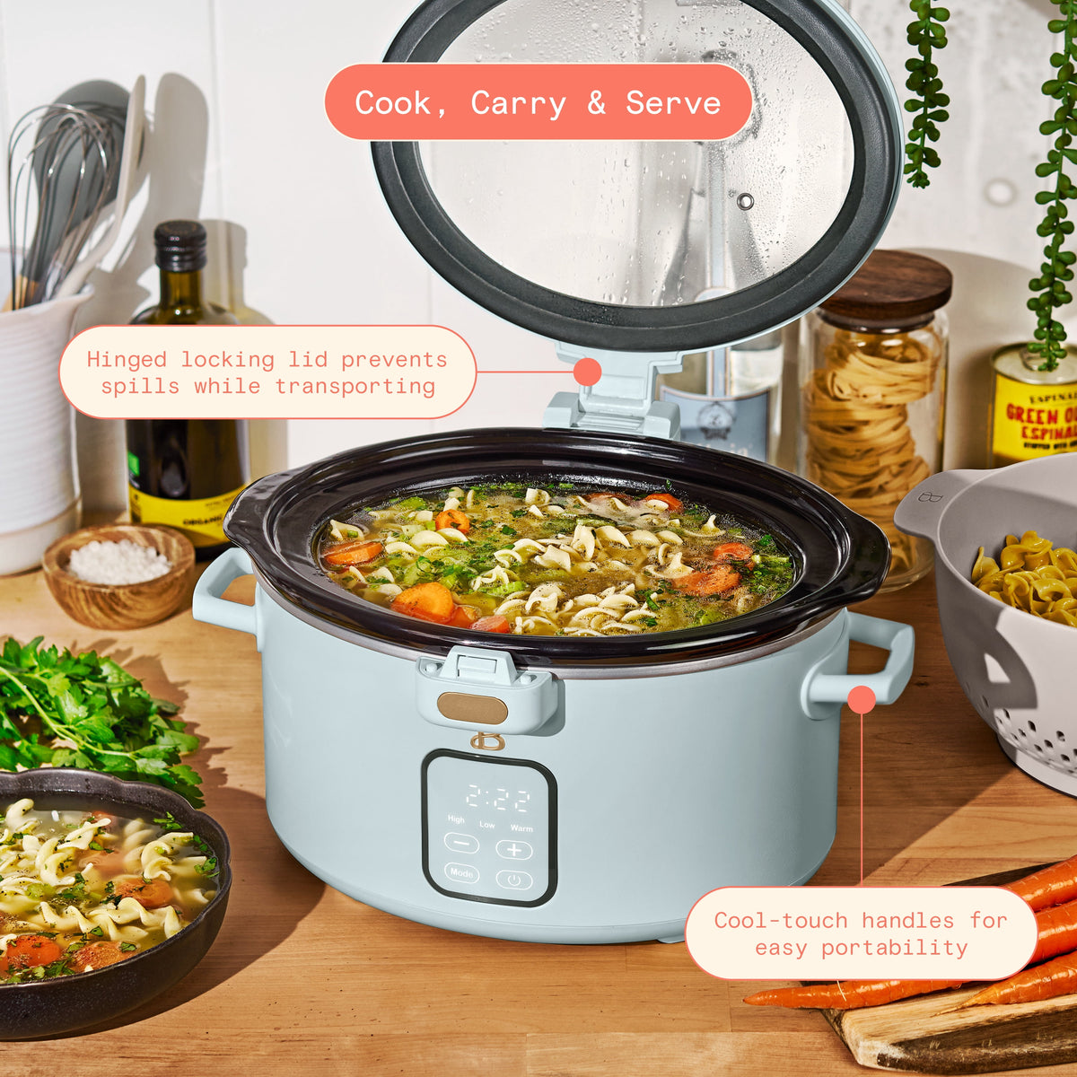 Beautiful 4 Qt Digital Slow Cooker with Hinged Locking Lid, Thyme Green by Drew Barrymore