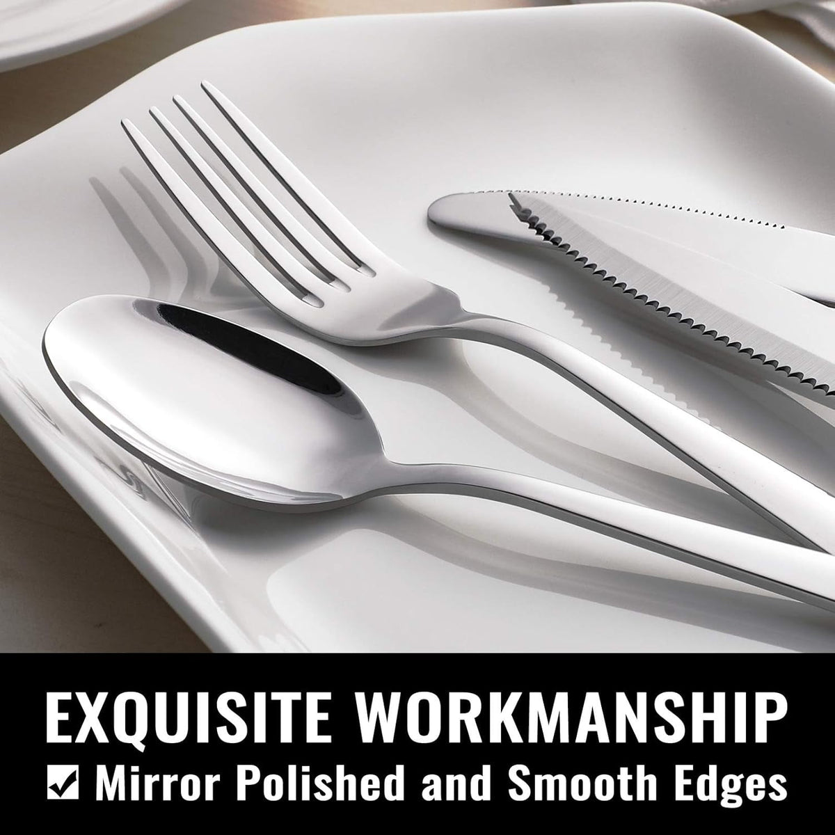 Black Flatware Set, AOKIWO 48-Piece 18/8 Stainless Steel Tableware Silverware with Steak Knives for Kitchen Restaurant, Mirror Polished ,Dishwasher