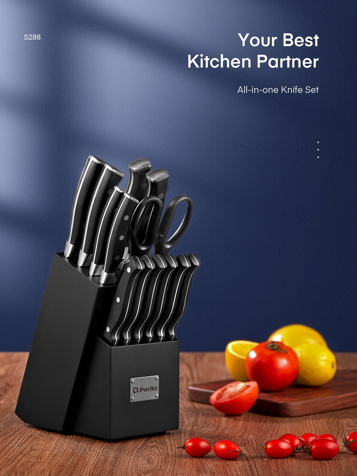 D.Perlla Knife Set, 14 Pcs Kitchen Knives Set with Built-in Sharpener, German Stainless Steel Knife Sets with Block
