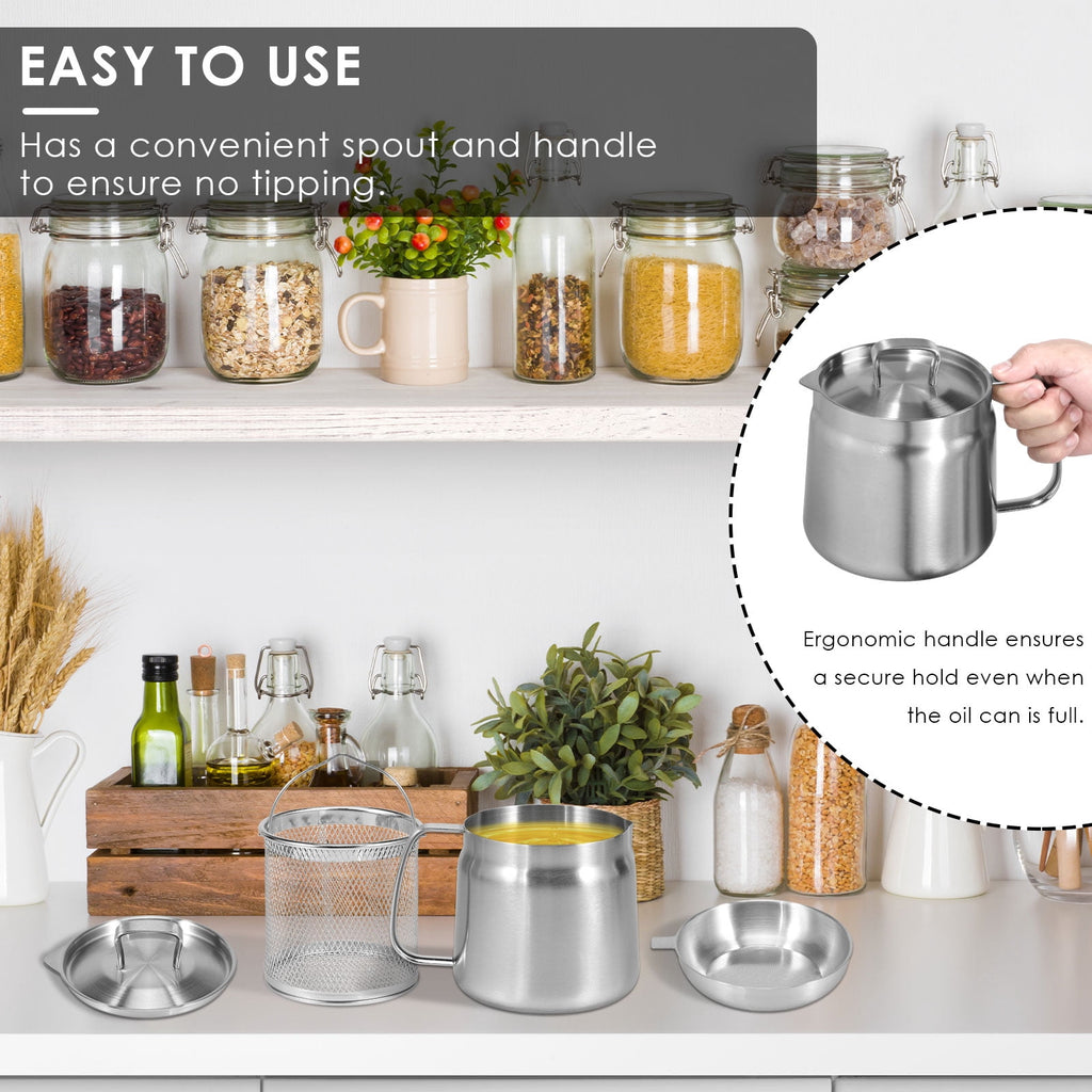 68oz Oil Strainer Pot 304 Stainless Steel Oil Grease Container Can with Filter Lid and Frying Basket Oil Container Can for Storing Frying Cooking Grease