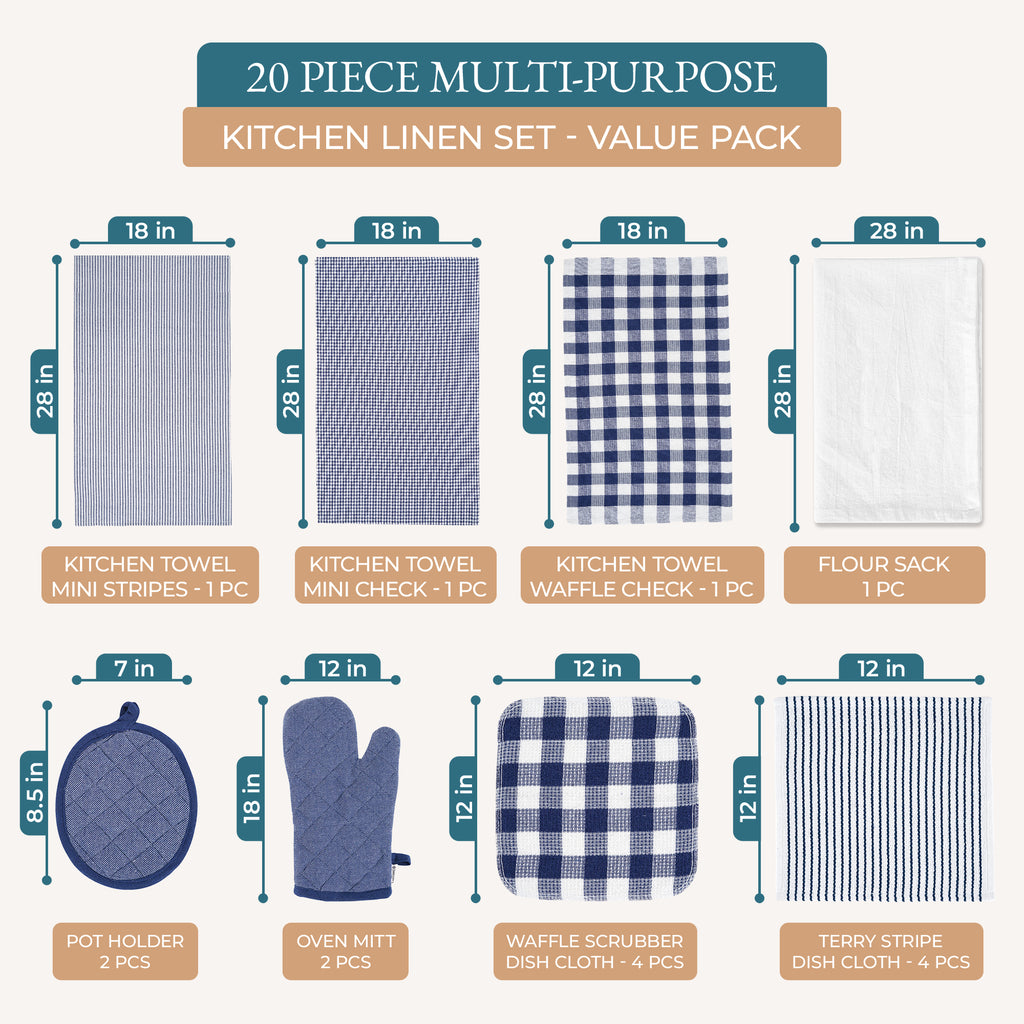 20 Piece Kitchen Towel Set - Cotton Dish Towels, Heat Resistant Kitchen Mittens and Pot Holder Set, Apron for Women with Pockets , Absorbent Dish Towels for Kitchen Drying - Olive