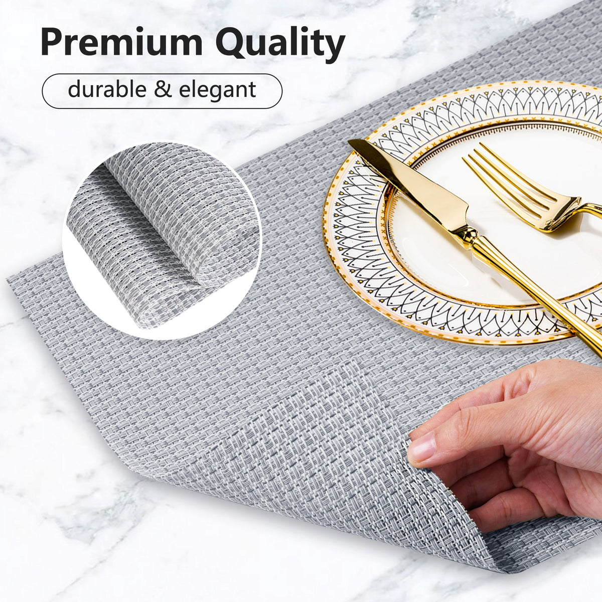 VCVCOO Navy Blue Placemats Set of 4 - Easy Clean Washable PVC Vinyl Placemats - Wipeable Heat Resistant Woven Table Mats for Dining Table - 12x18 inch