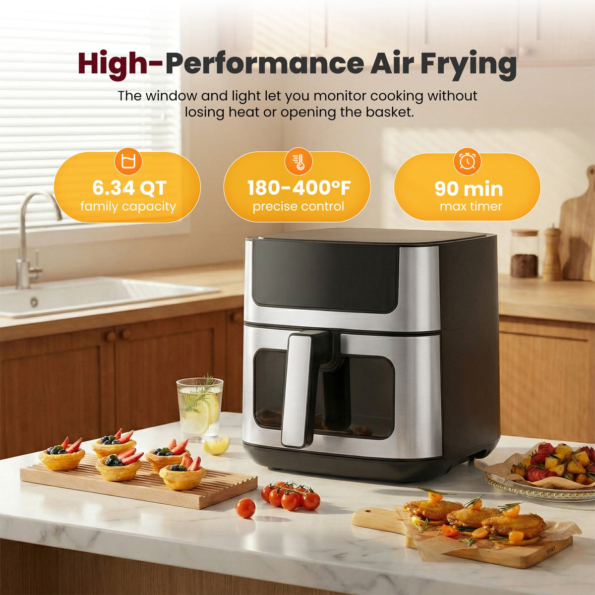 EDX 6QT Stainless Steel Air Fryer with Digital Touchscreen, 1500W, 8 Presets, Dishwasher Safe Basket, 90 Min Timer, 24H Delay Start, Gray