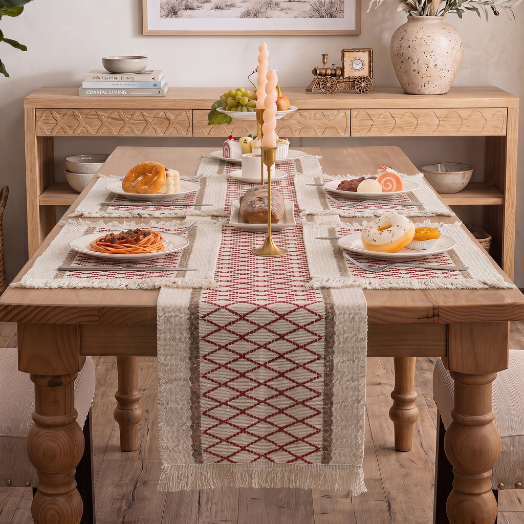 MeyJey Table Runner and Placemats Set of 4, Washable Fabric Rectangle Dining Table Mats with Tassels for Dining Tables, Kitchen, Red/Beige