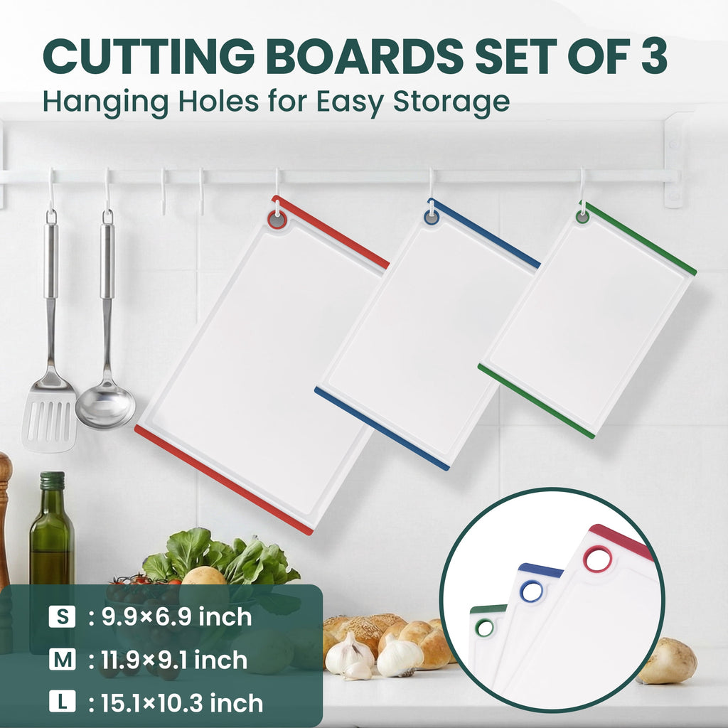 Kikcoin 3-Piece Plastic Large Cutting Boards Set for Kitchen, Chopping Board with Non-slip Feet and Juice Grooves