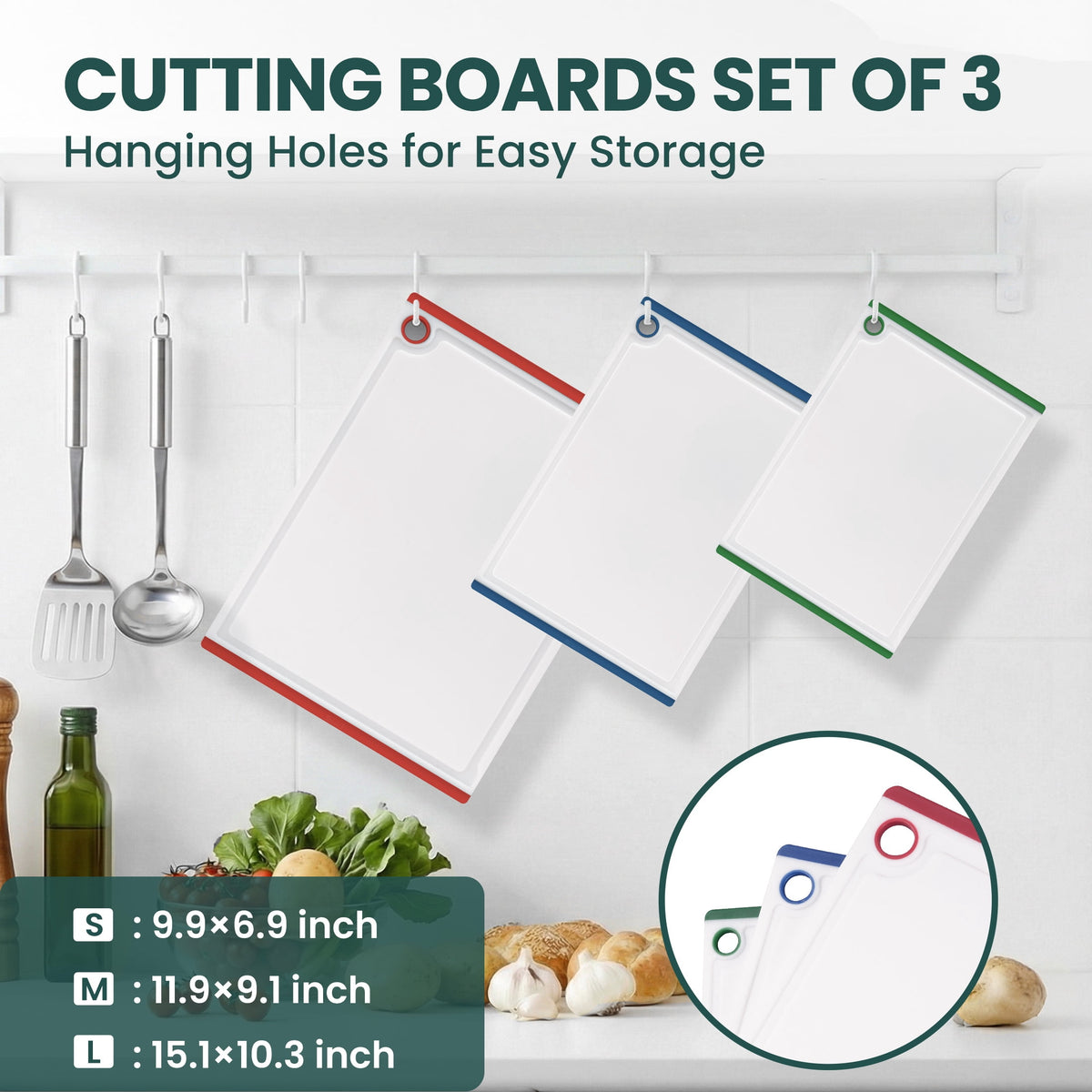 Kikcoin 3-Piece Plastic Large Cutting Boards Set for Kitchen, Chopping Board with Non-slip Feet and Juice Grooves