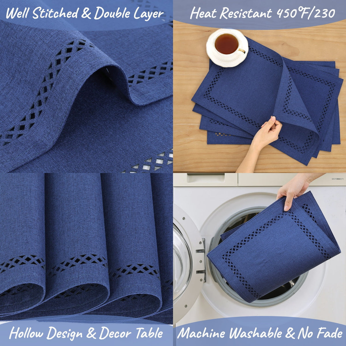 Placemats Set of 4, Yamaziot Double Layer Cloth Fabric Heat Resistant Place Mat, Washable Reversible Rectangle Dining Table Mats, Hollow Khaki, 12"x18"