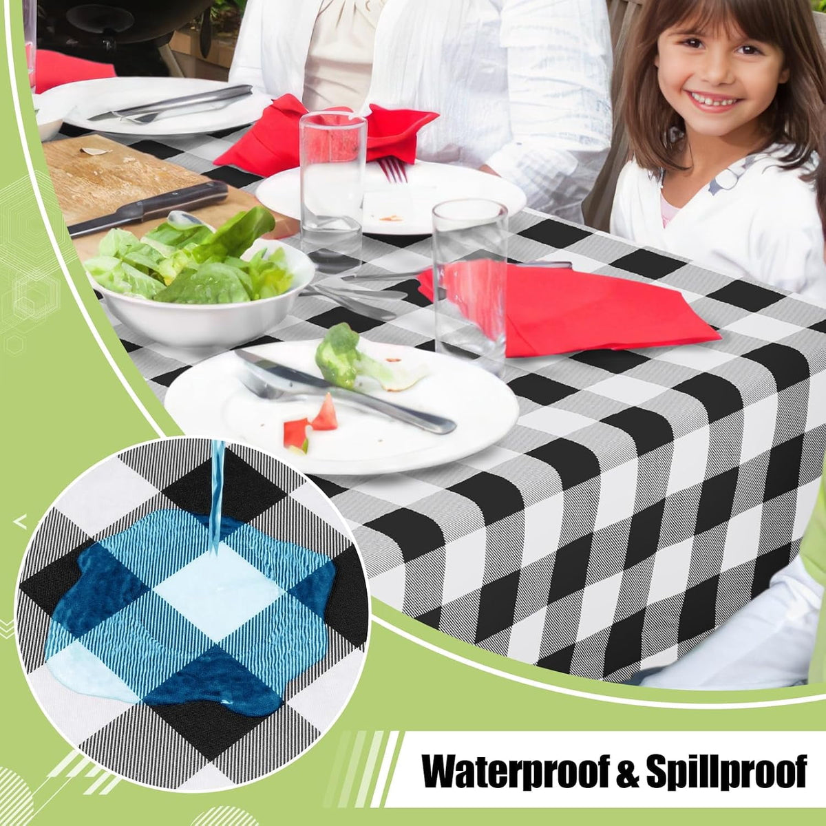 decorUhome Rectangle Tablecloth, Waterproof Vinyl Flannel Backed Table Cloth, Buffalo Wipeable Plastic Table Cover for Kitchen and Outdoor, Black and White, 60" x 84"