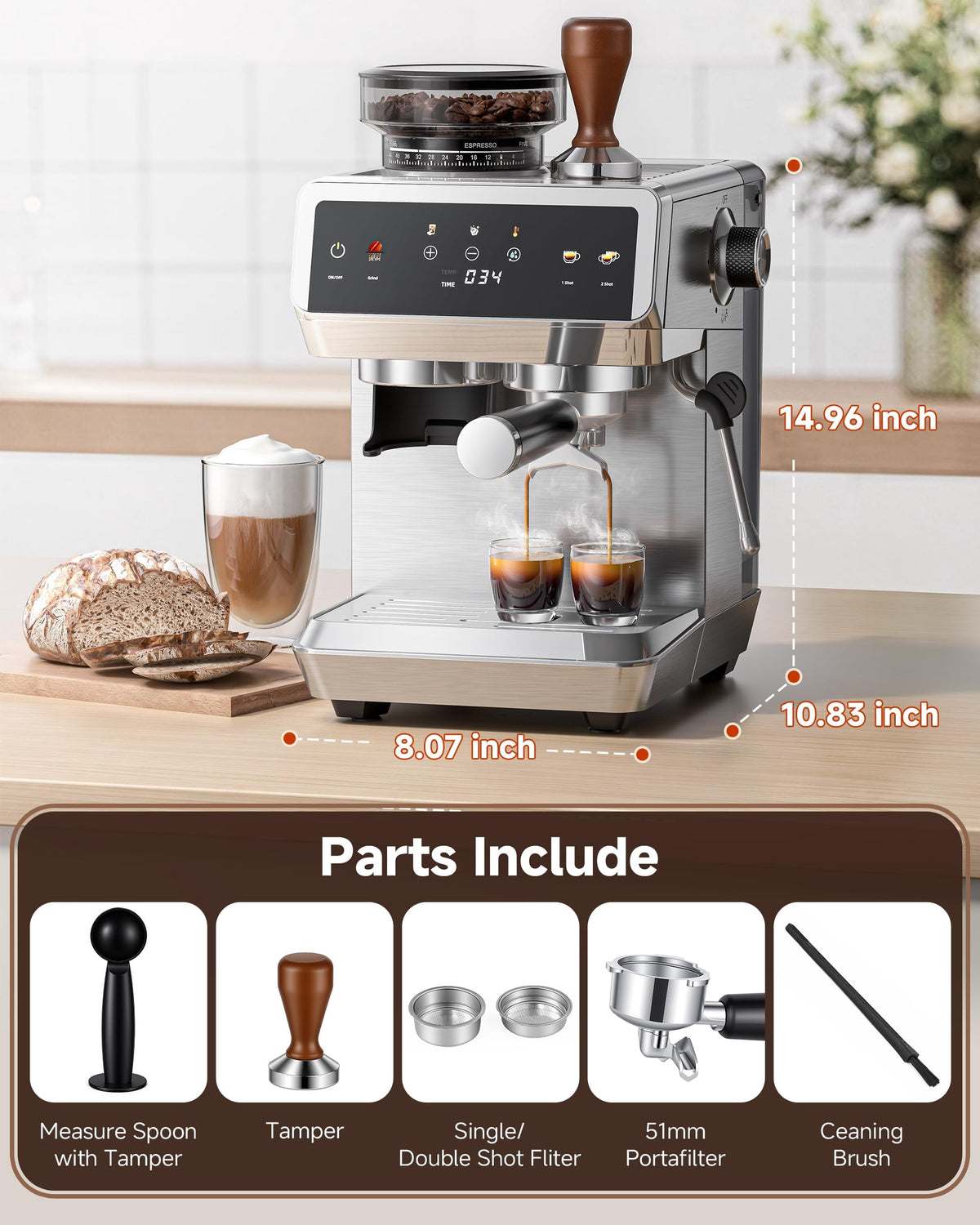 20 Bar Espresso Machine with Built-in Grinder, Semi-Automatic 1350W Coffee Maker with Touch Screen, Stainless Steel Body, Milk Frother Wand, 35 Grind Settings, Adjustable Temperature & Cold Brew Mode