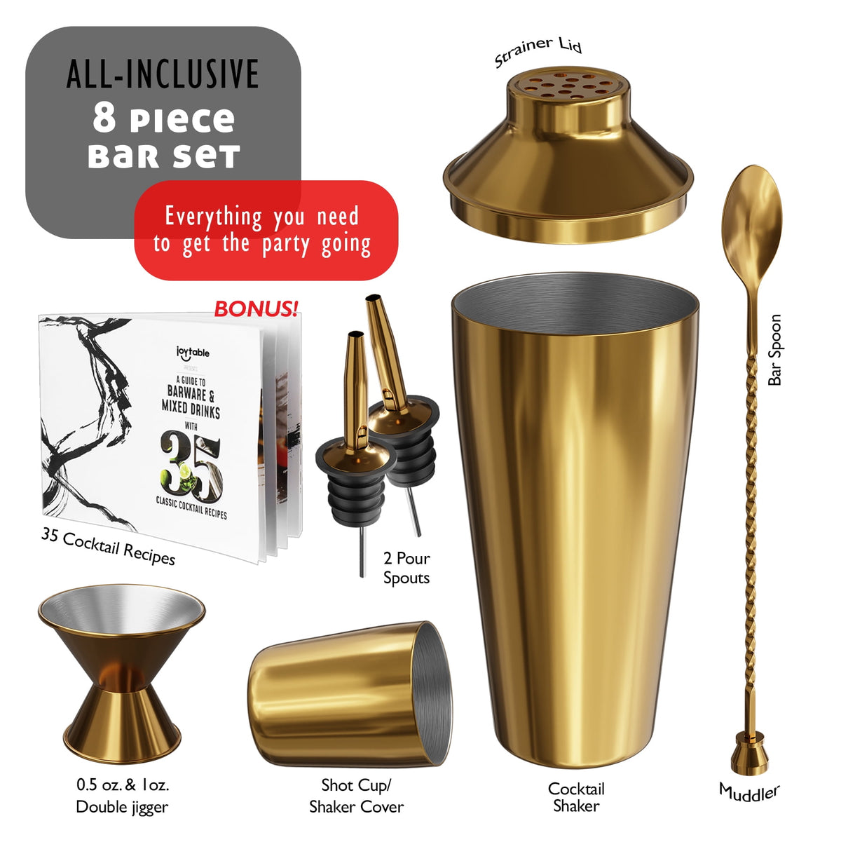 JoyTable 16pc Bartender Cocktail Shaker Set, Stainless Steel Bartender Kit Bar Tool Set, with All Bar Accessories Plus Lemon Squeezer and Great Recipe Book