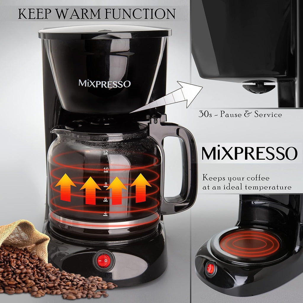 Mixpresso 12 Cup Coffee Pot, Auto-Off & Reusable Filter, Large Drip Coffee Maker 12 Cup Borosilicate Glass Carafe, Anti-Drip Coffee Machine Water Level Window, Black Electric Coffee Maker