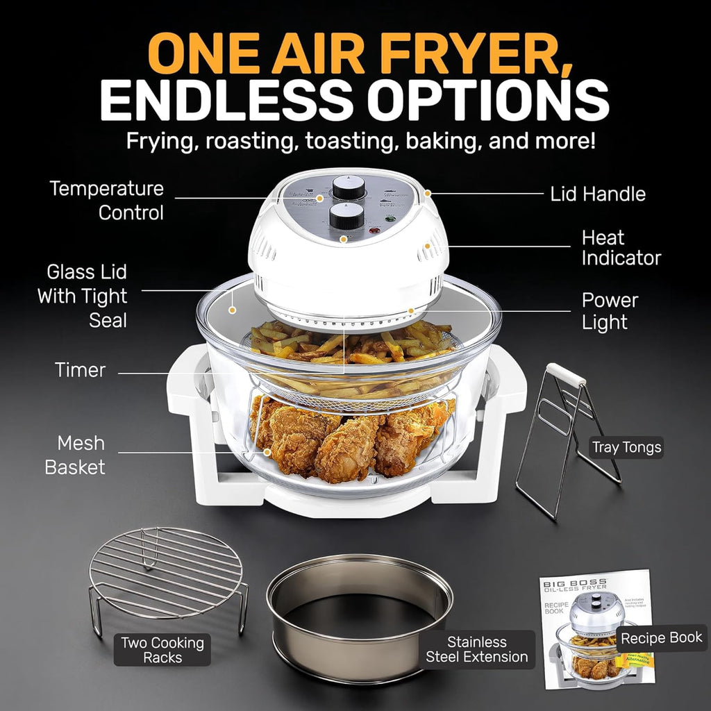 Granitestone 16Qt Large Glass Air Fryer Non Toxic – Family Sized Airfryer Cooker with 3 Cooking Levels, Stainless Steel Racks, Chicken, No Preheat, Self Cleaning, Dishwasher Safe, White