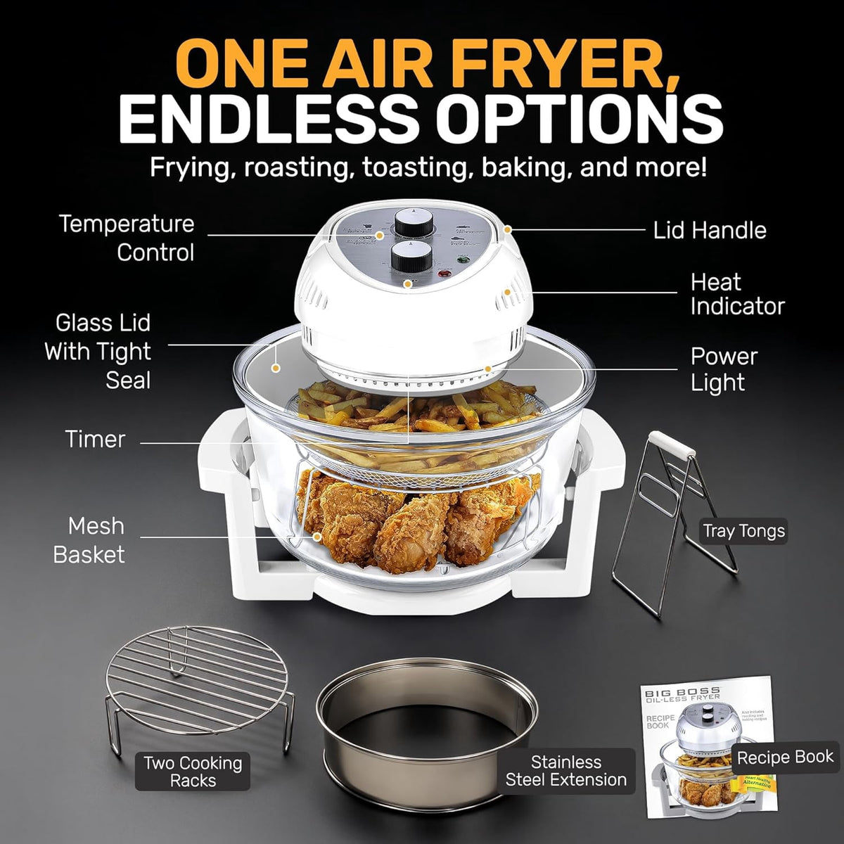 Granitestone 16Qt Large Glass Air Fryer Non Toxic – Family Sized Airfryer Cooker with 3 Cooking Levels, Stainless Steel Racks, Chicken, No Preheat, Self Cleaning, Dishwasher Safe, White