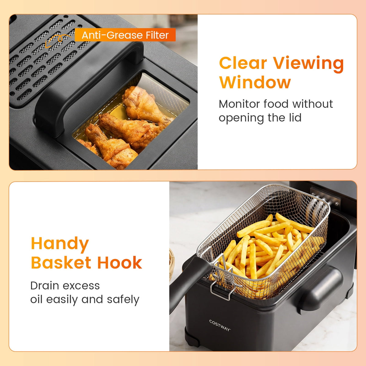 Costway Electric Deep Fryer 3.2 QT/12-Cup Stainless Steel 1700W with Frying Basket Silver
