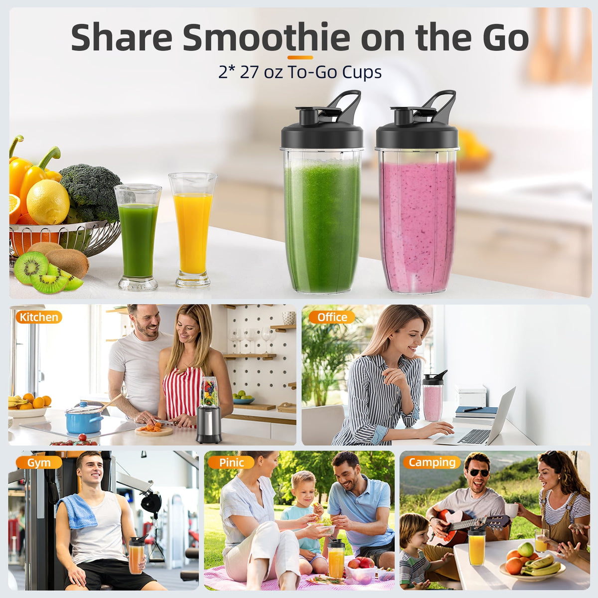 Smoothie Blender for Shakes and Smoothies, Blenders for Kitchen, Protein Drinks, Personal Blender with 2 * 22Oz Smoothie Cups with Lids