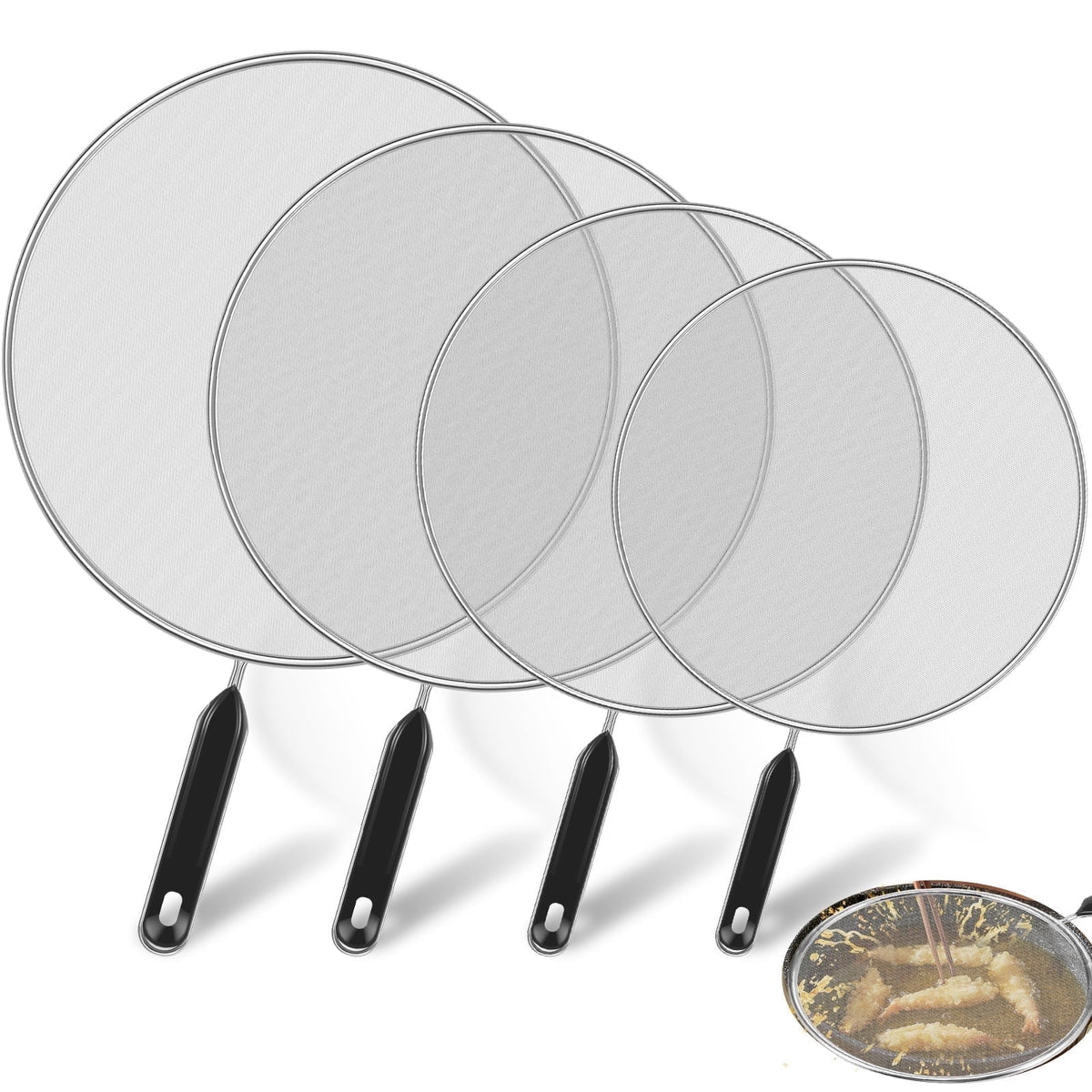 3 Piece Stainless Steel Fine Mesh Splatter Screen Set, 13", 11.4", 9.8" Splatter Screen for Frying Pan, Grease Splatter Guard with Heat-Resistant Handles