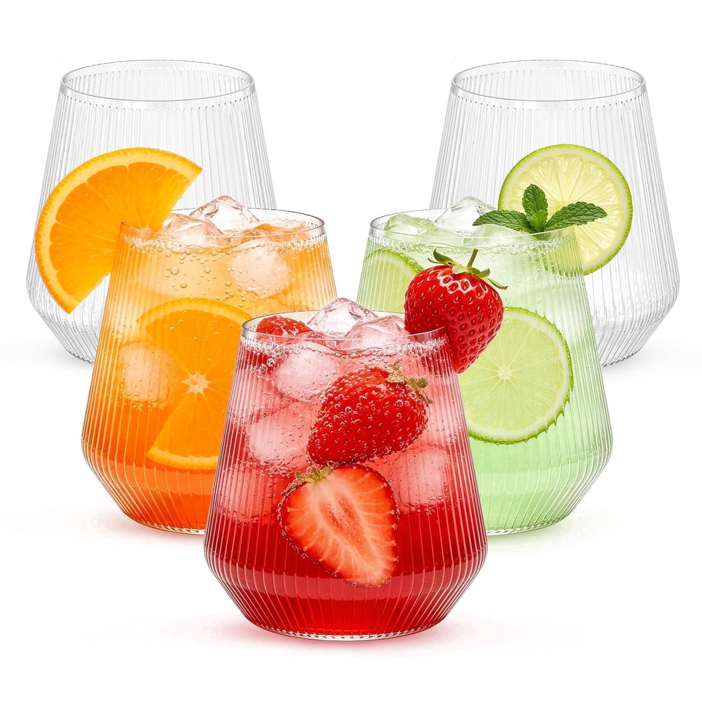 TINANA 12 oz Clear Ribbed Plastic Wine Glasses, 24 PCS Stemless Origami Ripple Disposable Champagne and Whiskey Glasses, Reusable Drinkware for Weddings & Parties