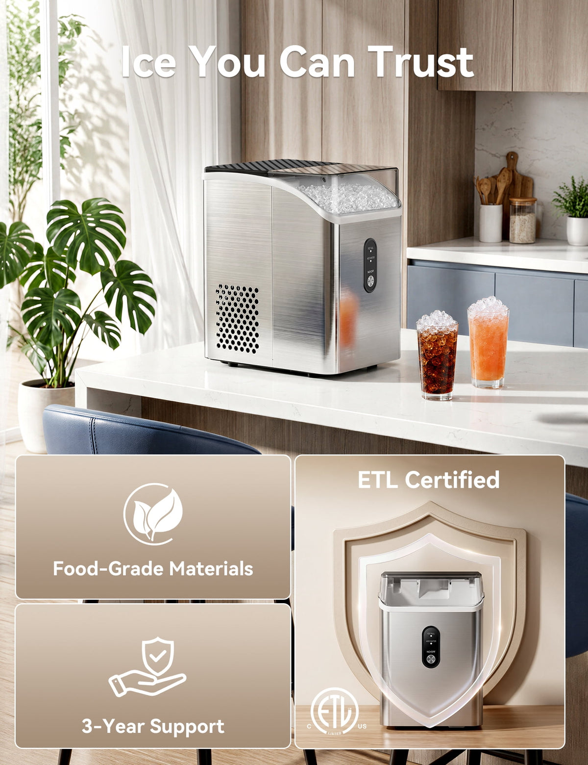 Goosiay Countertop Nugget Ice Maker, 33lbs Per Day Portable Ice Machine with Soft Chewable Pellet Ice, Stainless Steel, Silver