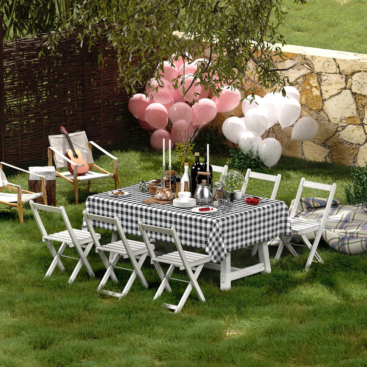 decorUhome Rectangle Tablecloth, Waterproof Vinyl Flannel Backed Table Cloth, Buffalo Wipeable Plastic Table Cover for Kitchen and Outdoor, Black and White, 60" x 84"