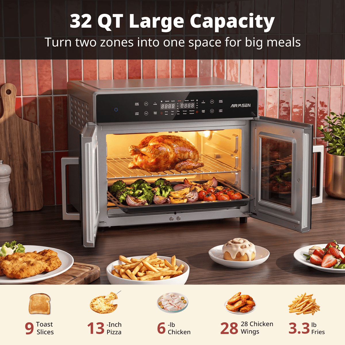 AIRMSEN 32 QT Dual Zone Air Fryer Toaster Oven Combo, 15 PCS Set, French Door Countertop Convection Oven, 1800W, 450°F Max Temp, Touchscreen, 360° Auto Rotisserie Spit, Bake, Broil, Roast