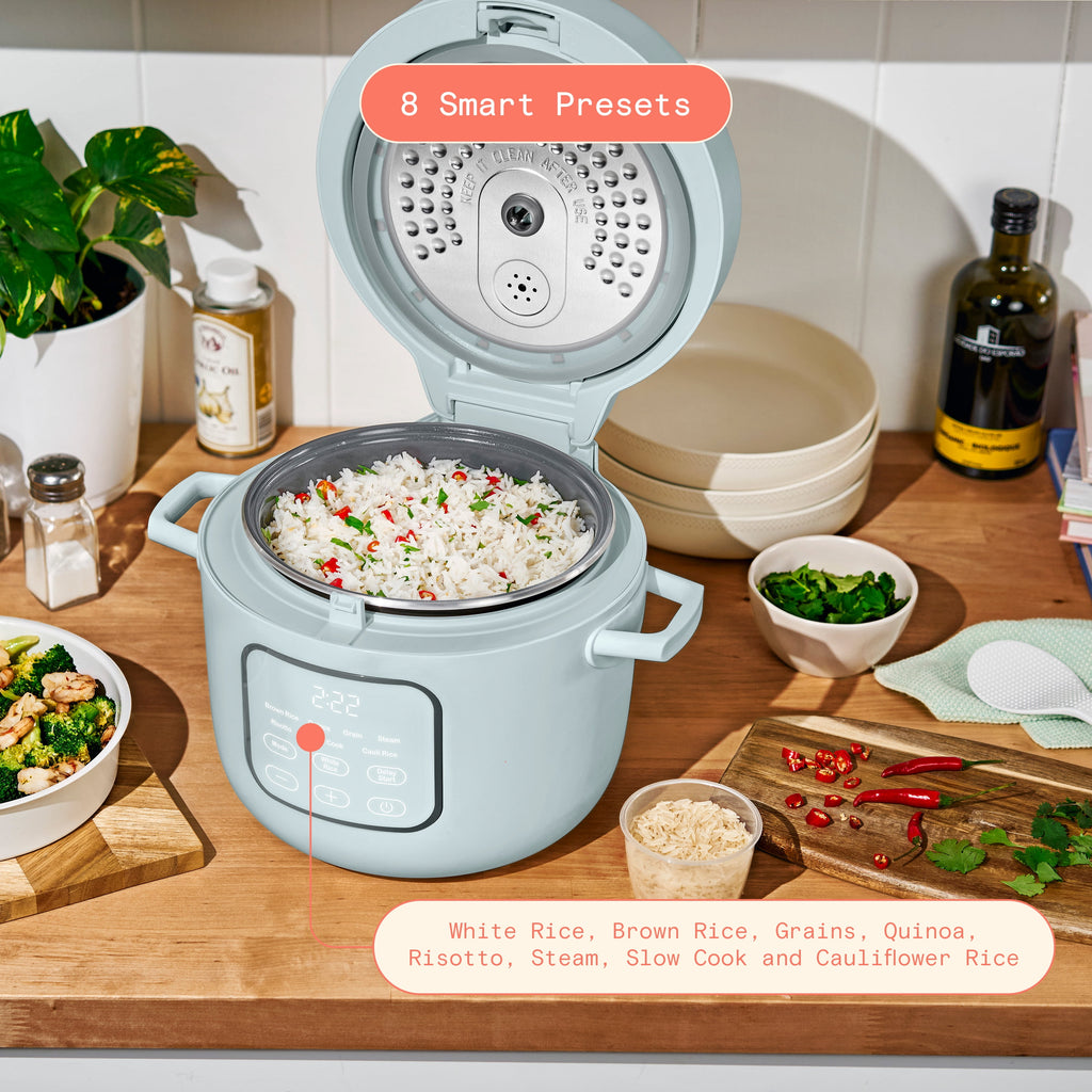 Beautiful 14-Cup Cooked, 6-Cups Uncooked Electric Rice and Grain Cooker, EverGood Ceramic Nonstick Coating, Thyme Green by Drew Barrymore