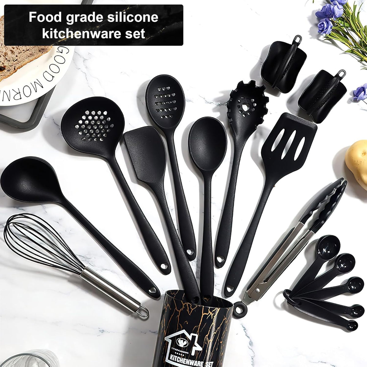 18PCS Silicone Cooking Utensils Set - 446°F Heat Resistant Kitchen Utensils,Turner Tongs,Spatula,Spoon,Brush,Whisk,Kitchen Utensil Gadgets Tools Set for Nonstick Cookware,Dishwasher Safe - Black