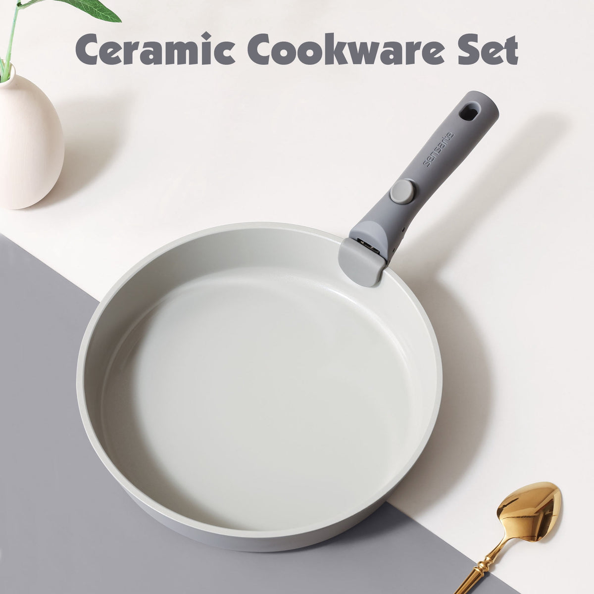 SENSARTE 18-Piece Ceramic Cookware Set with Detachable Handle, Gray Nonstick Pots and Pans Set, Induction Compatible, Dishwasher/Oven Safe, Healthy Cooking Set for RV & Camping