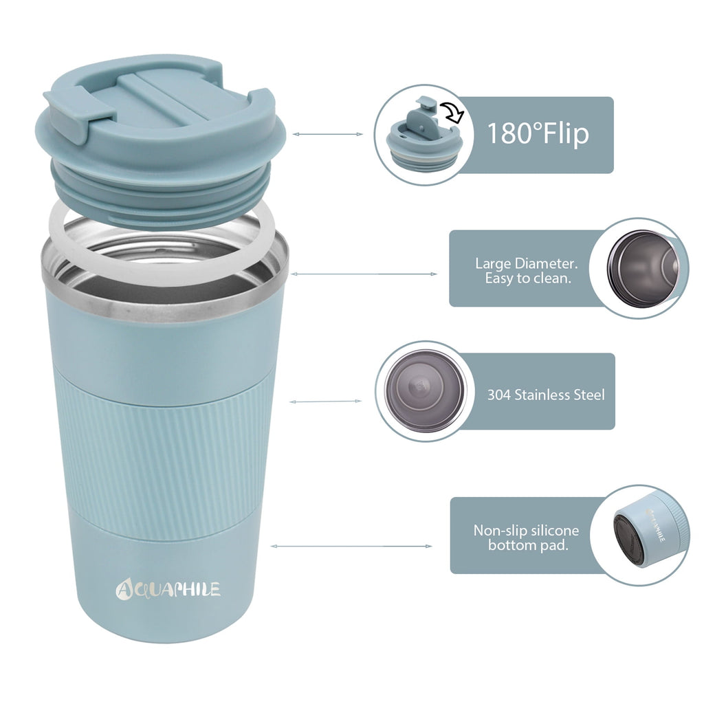 Aquaphile Vacuum Insulated Coffee Travel Mug - Double Walled Reusable Tumbler Cups Light Blue 17 Fluid Ounces
