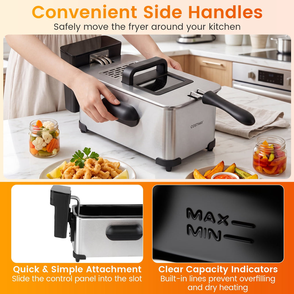 Costway Electric Deep Fryer 3.2 QT/12-Cup Stainless Steel 1700W with Frying Basket Silver