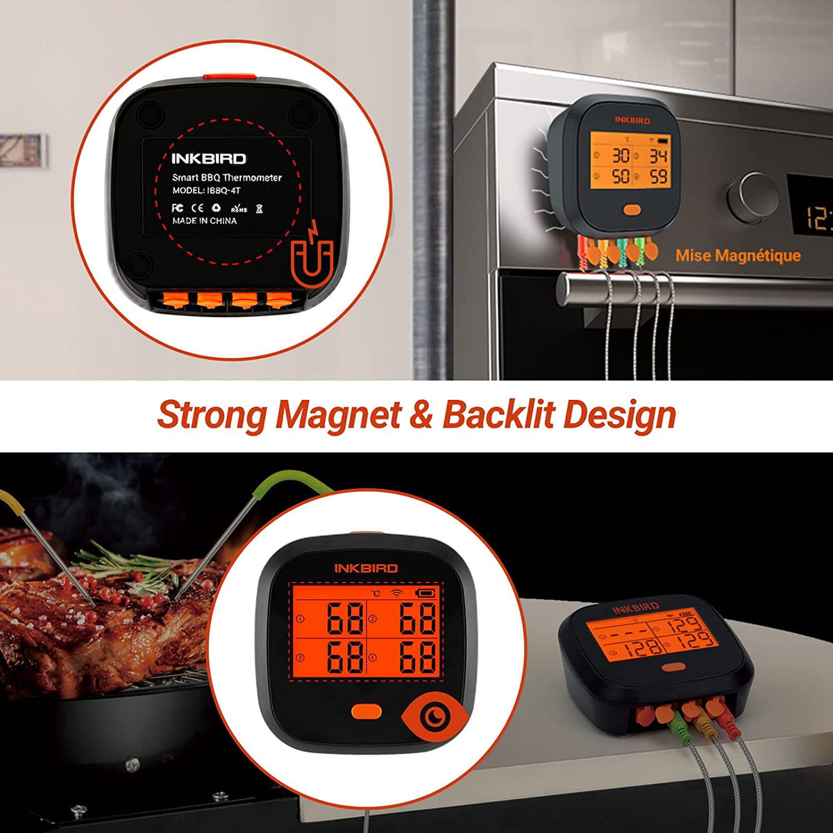 Inkbird WiFi&Bluetooth Meat Thermometer,4 Colored Probes Wireless BBQ GrillingThermometers for Barbecue ,Smoker,Oven | APP Calibration Temp Graph | Mobile Notification Timer Alarm