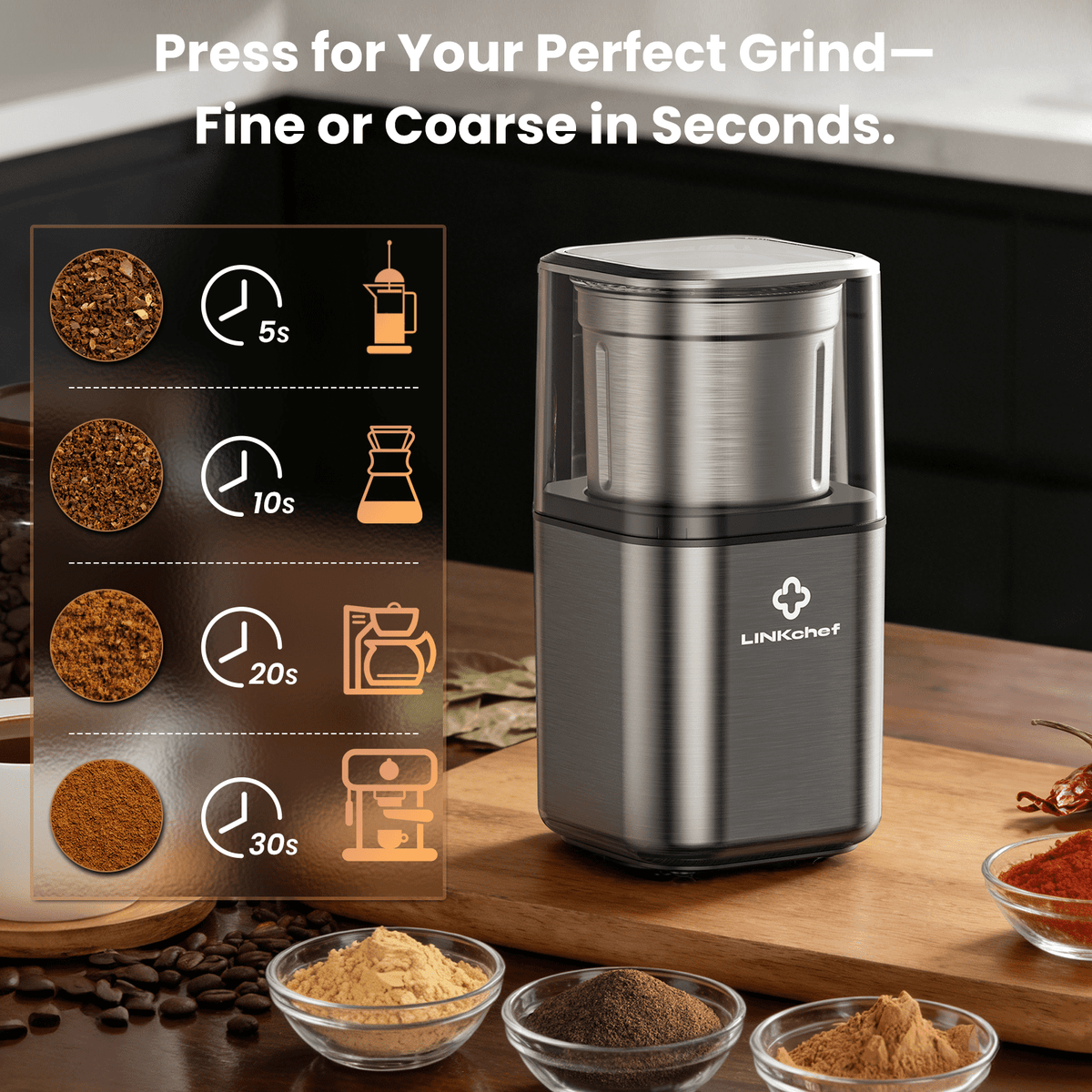 LINKChef Coffee Grinder, Coffee Bean Grinder, Spice Grinder with Stainless Steel Four Blades Perfect for Coffee Beans, Spice, Tea (Black)