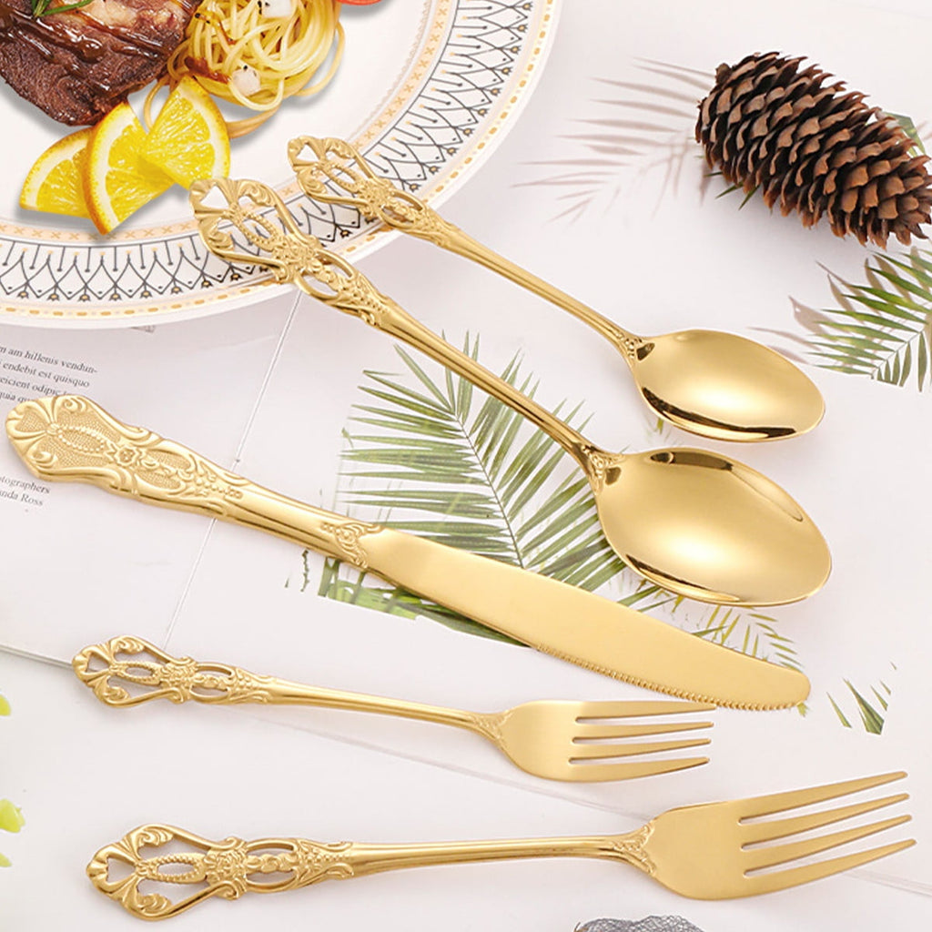 Jetcloudlive 20 Pcs Gold Silverware Set,Retro Royal Stainless Steel Flatware Utensil Sets for 4,Gold Luxury Cutlery Set Includes Forks Spoons Knives,Mirror Polished,Dishwasher Safe