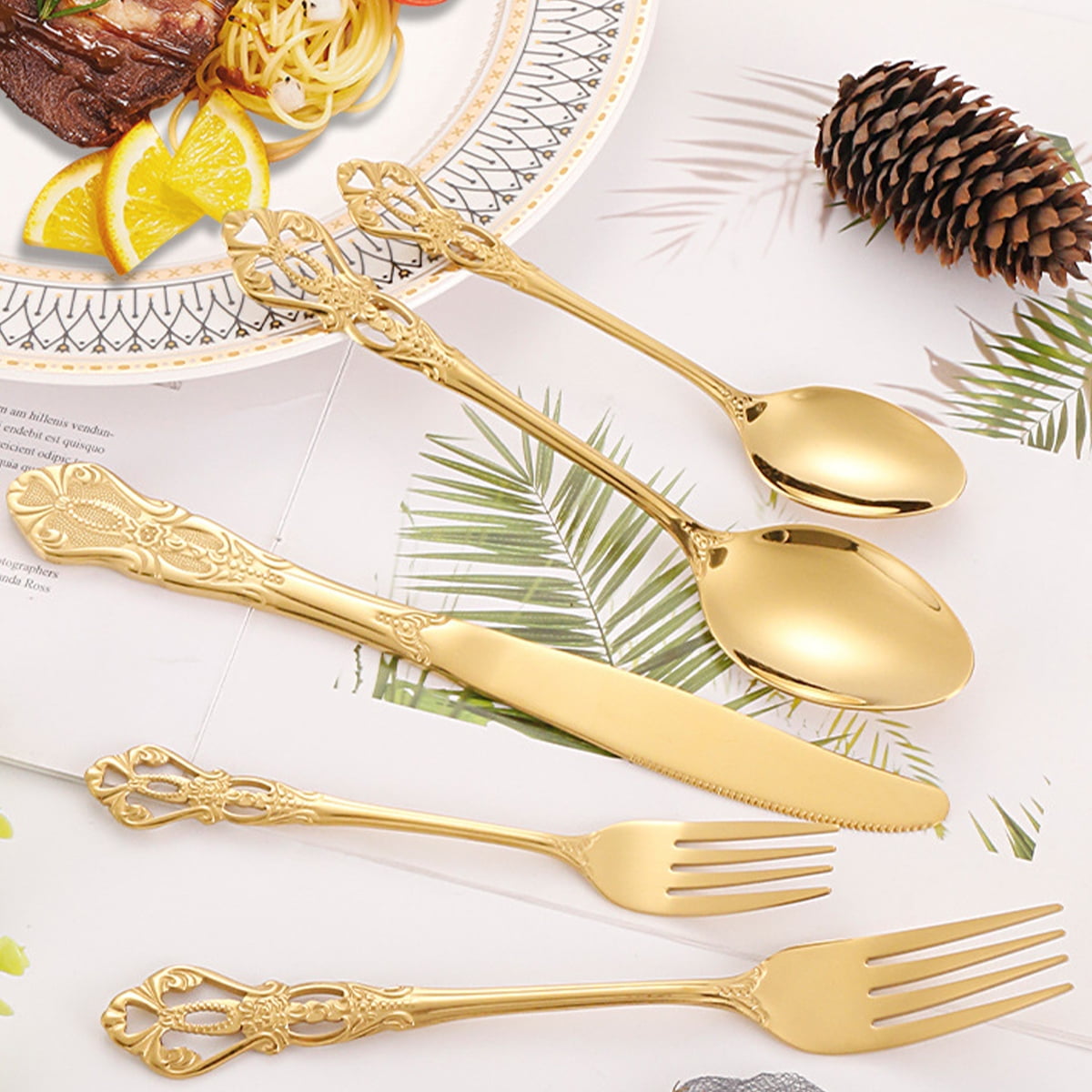 Jetcloudlive 20 Pcs Gold Silverware Set,Retro Royal Stainless Steel Flatware Utensil Sets for 4,Gold Luxury Cutlery Set Includes Forks Spoons Knives,Mirror Polished,Dishwasher Safe