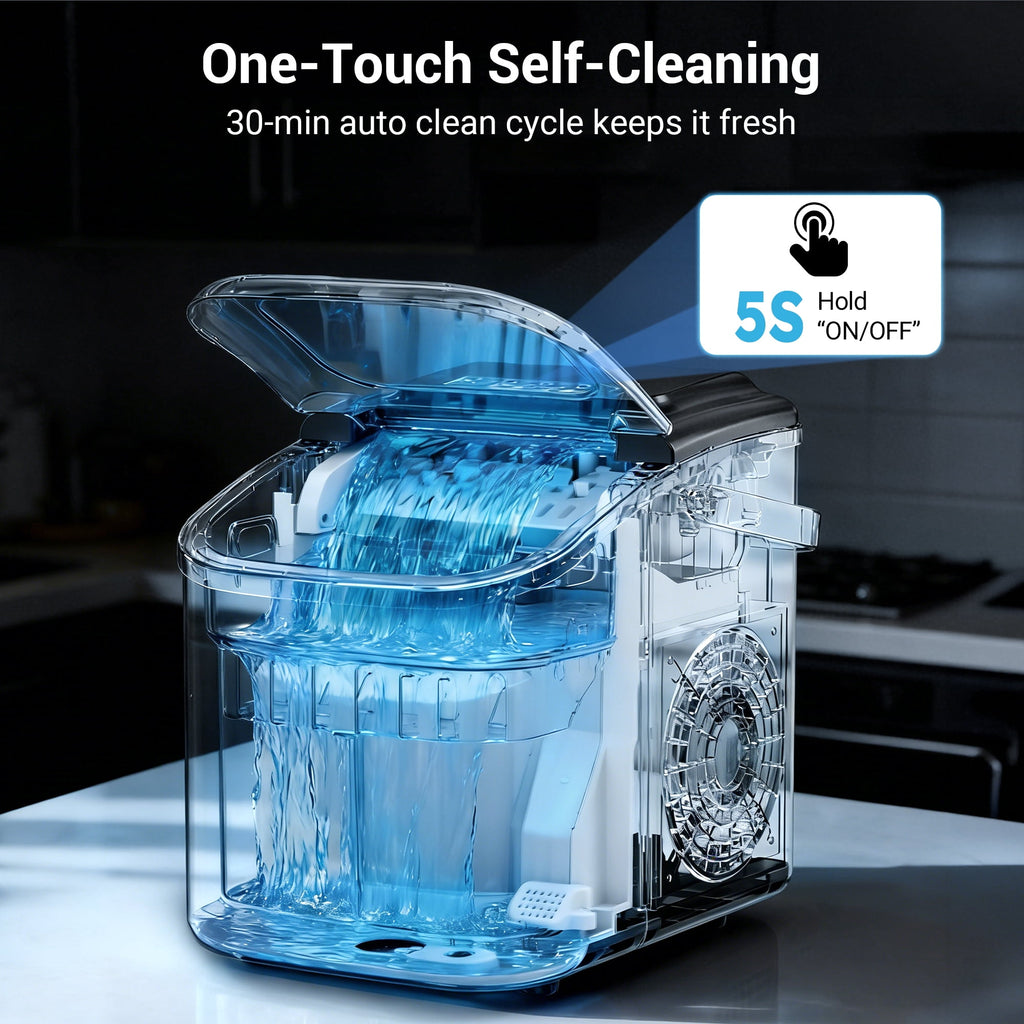 Snowyermine Countertop Ice Maker with Handle, 26 lbs/24H Portable Ice Machine, 2 Bullet Ice Sizes, 8 Cubes in 6 Minutes, Self-Cleaning for Home, Bar, RV and Camping