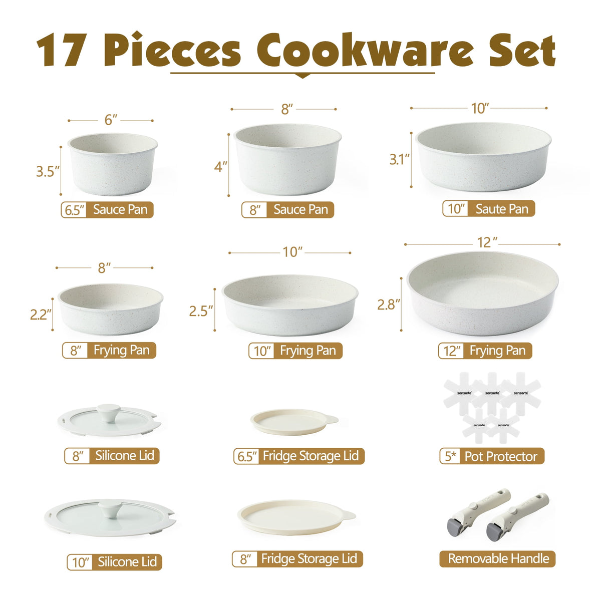 SENSARTE 18-Piece Ceramic Cookware Set with Detachable Handle, Gray Nonstick Pots and Pans Set, Induction Compatible, Dishwasher/Oven Safe, Healthy Cooking Set for RV & Camping