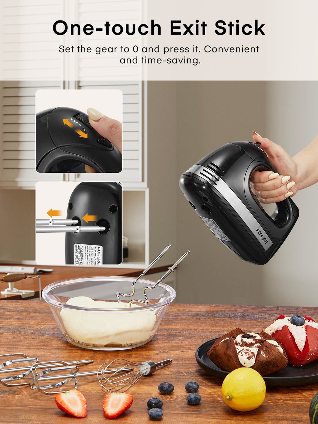 Hand Mixer with Storage Box, 5 Speeds and Turbo, FOHERE Electric Egg Beater with 6 Accessories