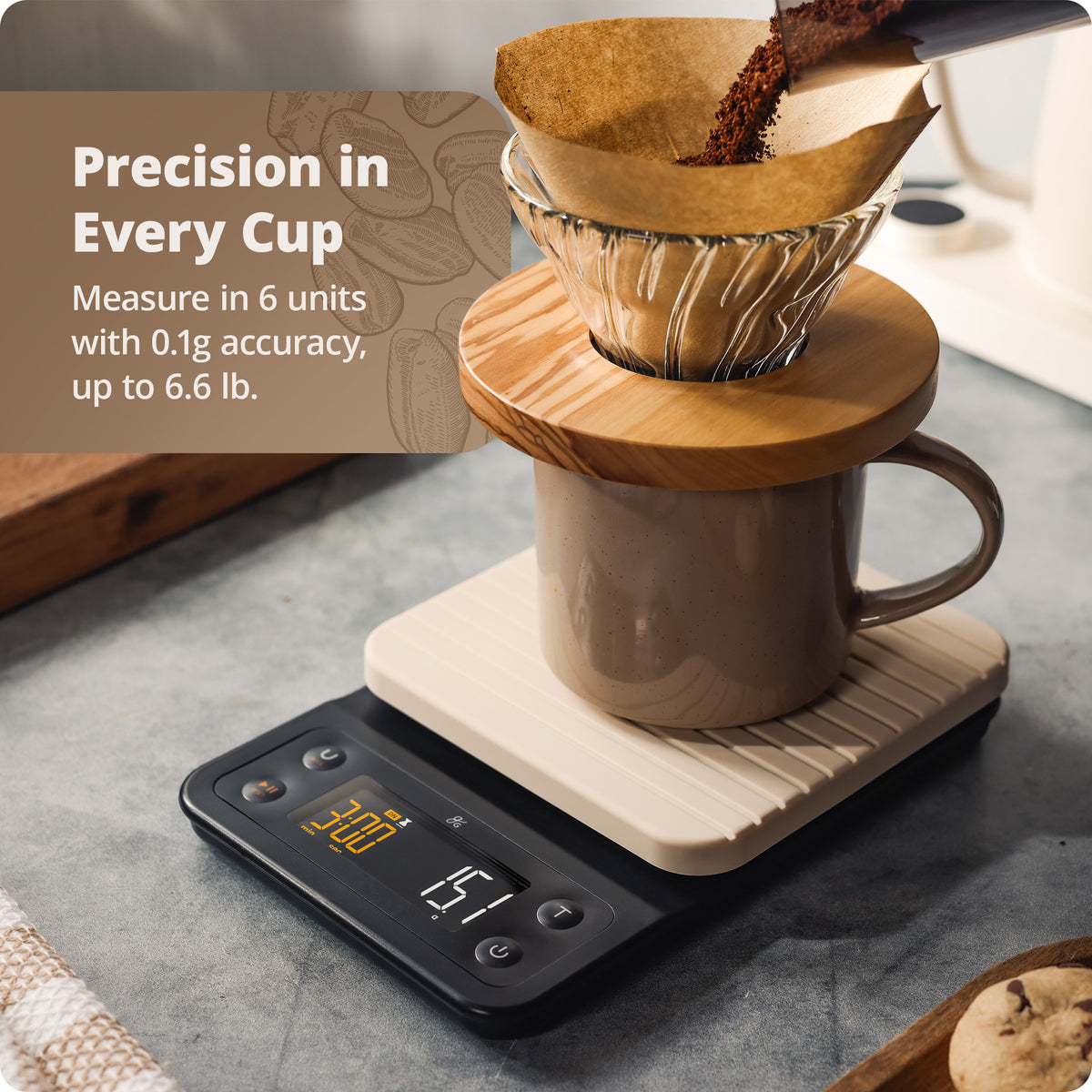 Greater Goods Coffee Scale with Timer, 0.1g Precision, 3kg Capacity, 6-Unit Digital Espresso & Pour-Over Scale, Silicone Waterproof Cover, Auto Shut-Off (Onyx Black)