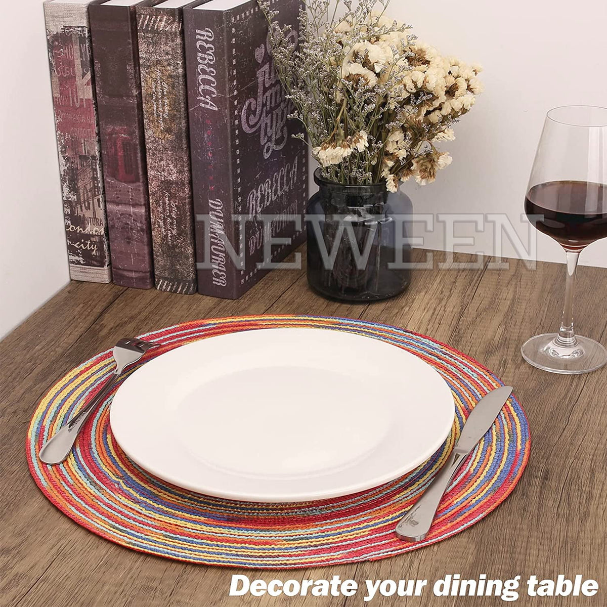 NEWEEN 15" Round Placemats Set of 6 Braided Fabric Heat Resistant Washable Table Mat for Kitchen for Kitchen Party Decor