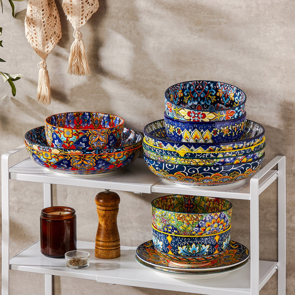 Malacasa Pasta Bowls, Ceramic Salad Bowls Set of 6, 42 oz Large Corlorful Serving Bowls for Kitchen, Dishwasher Microwave Safe Soup Bowls Set, Pasta Plates