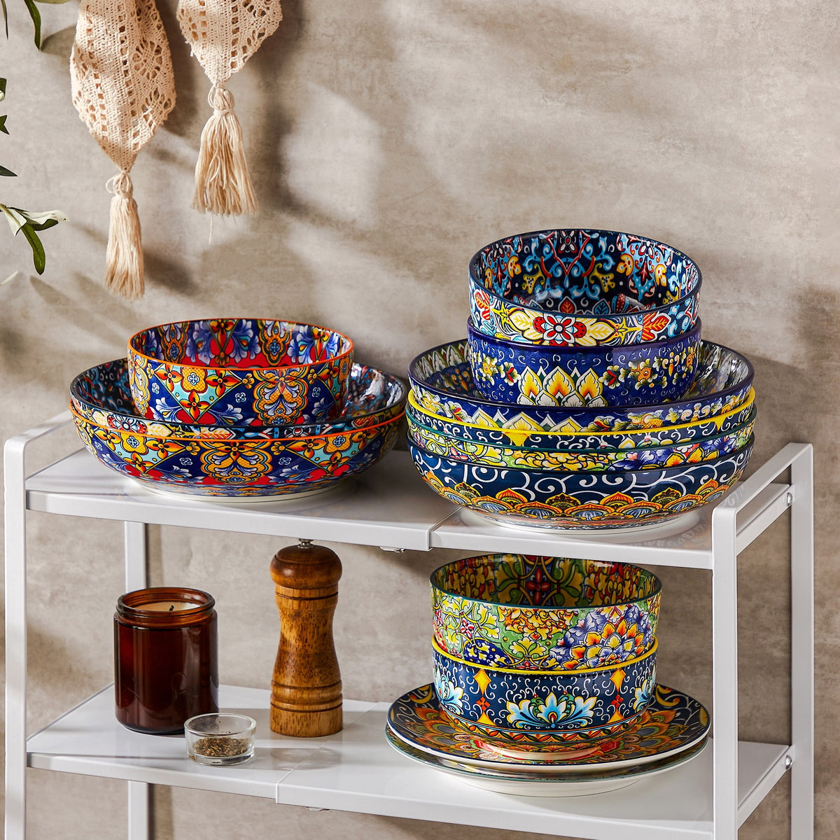 Malacasa Pasta Bowls, Ceramic Salad Bowls Set of 6, 42 oz Large Corlorful Serving Bowls for Kitchen, Dishwasher Microwave Safe Soup Bowls Set, Pasta Plates