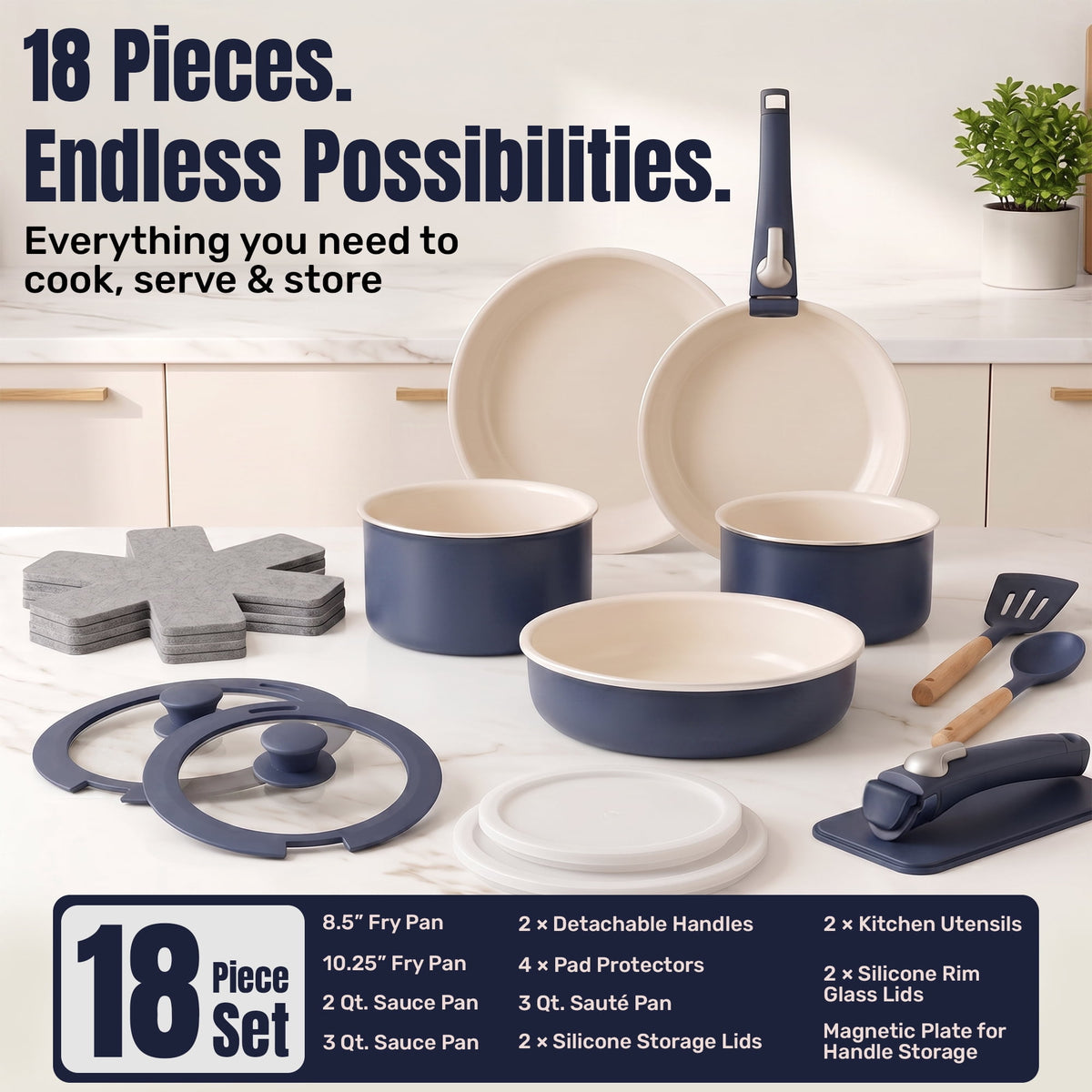 Gotham Steel 18 Pcs Pots and Pans set Non Stick, Ceramic Pan Cookware Set W/ Detachable Handle, RV Kitchen Cooking Set with Secure Lock Removable Handles, Oven Safe Nonstick Pan Set, Blue