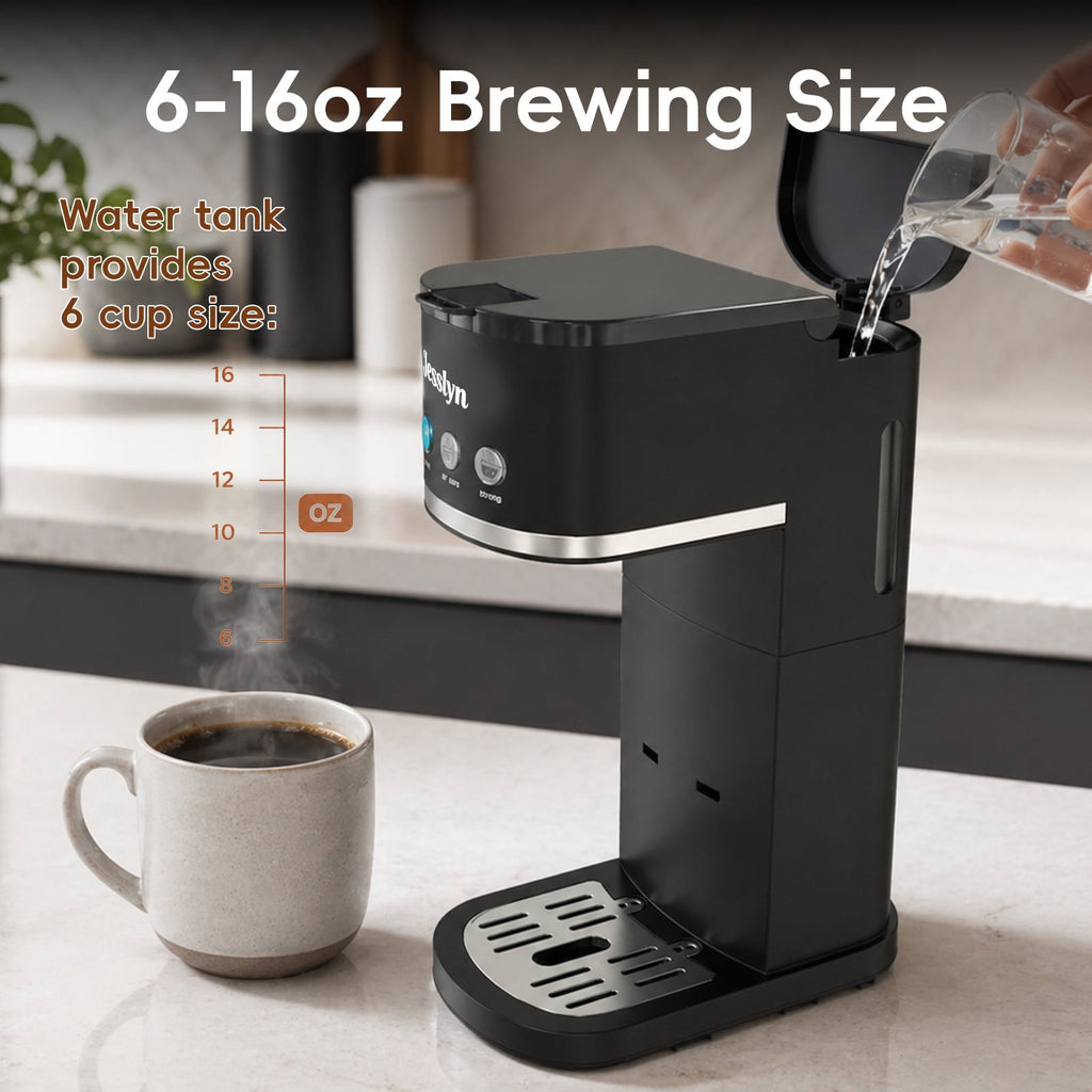 Jesslyn Single Serve Coffee Maker: Coffee Machine Compatible with K Cup Capsules & Grounds, Black