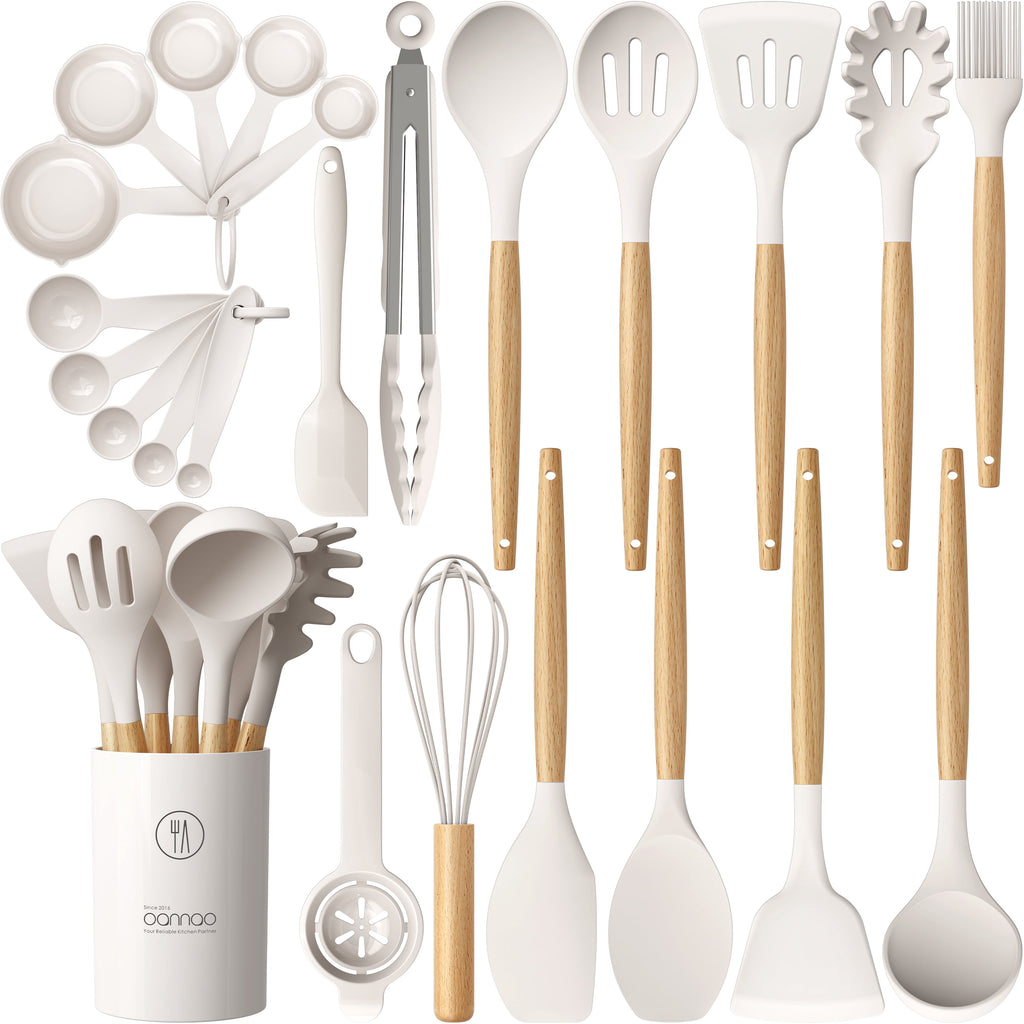 Silicone Cooking Utensils Set - Silicone Kitchen Utensils for Cooking Wooden Handles, 446°F Heat Resistant Kitchen Utensil Spatula Sets w Holder, Gadgets for Non-Stick Cookware BPA FREE (Black)