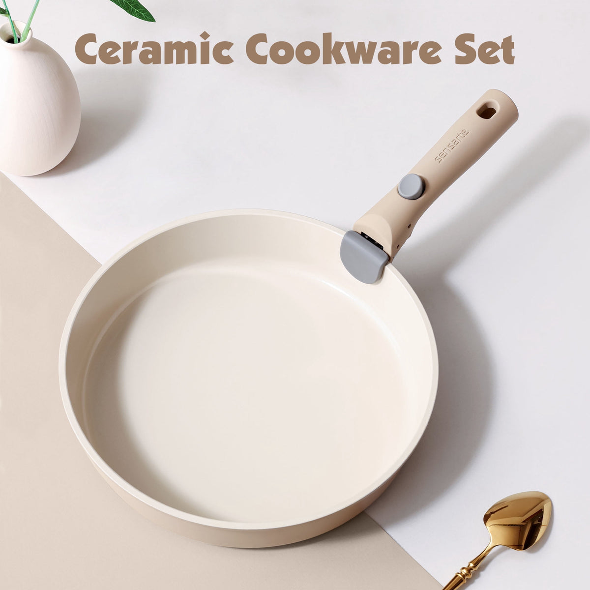 SENSARTE 18-Piece Ceramic Cookware Set with Detachable Handle, Gray Nonstick Pots and Pans Set, Induction Compatible, Dishwasher/Oven Safe, Healthy Cooking Set for RV & Camping