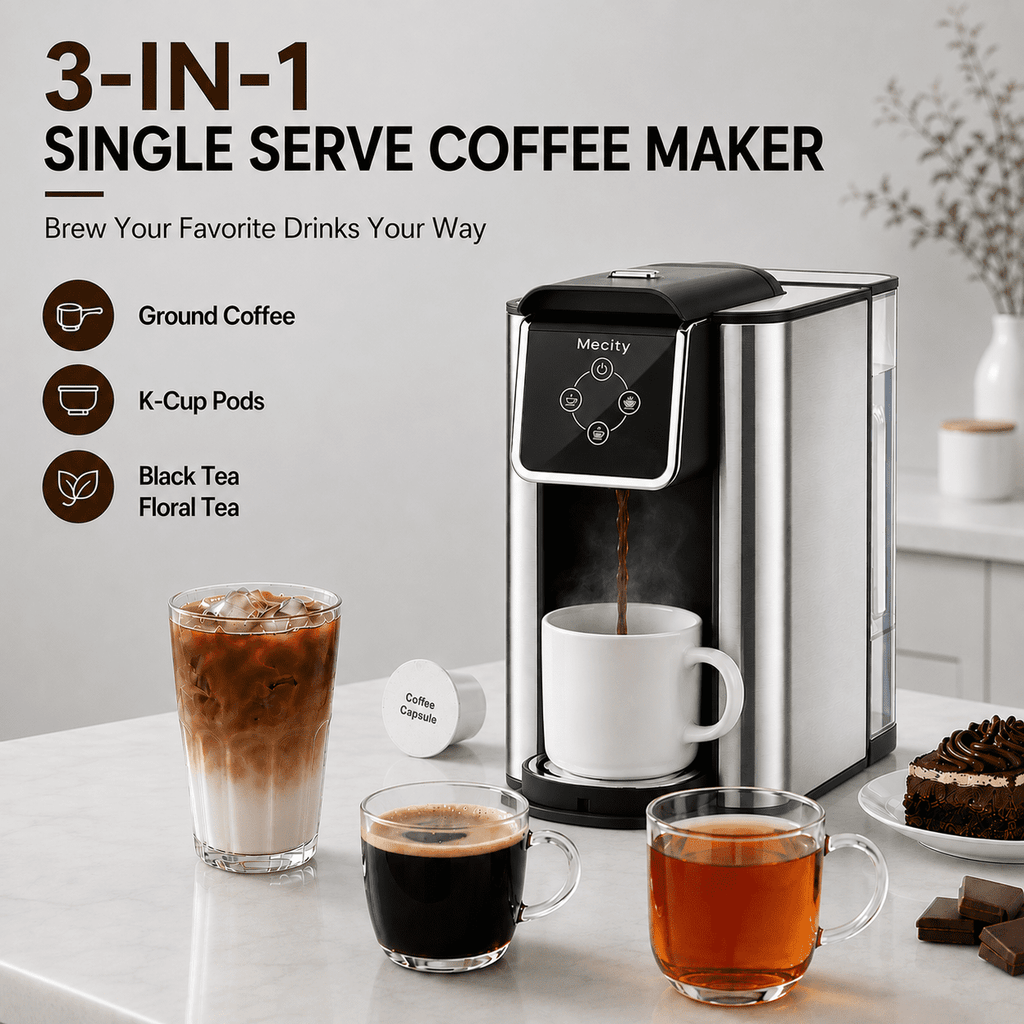 Mecity Coffee Maker 3 in 1 Single Serve Coffee Machine, Compatible with K cup Capsules, Instant Coffee Pot, Tea maker, 6,8,10 Oz Cup, Removable 50 Oz Water Reservoir, 120V 1150W, Black