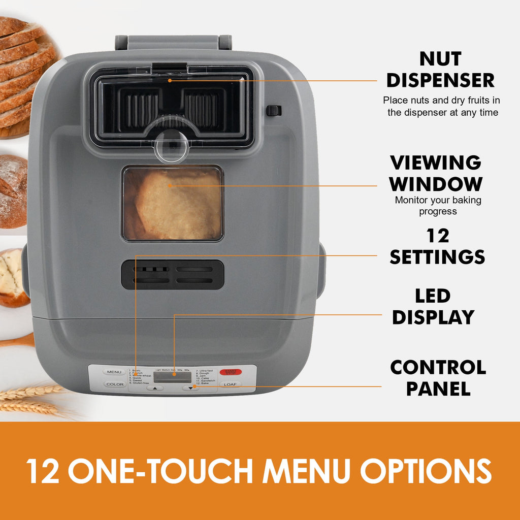 Kitchen in the Box 2lb Bread Maker with Auto Fruit Nut Dispenser, 12-in-1 Gluten-Free Bread Machine, 13H Delay Timer, Nonstick Pan, Keep Warm, White
