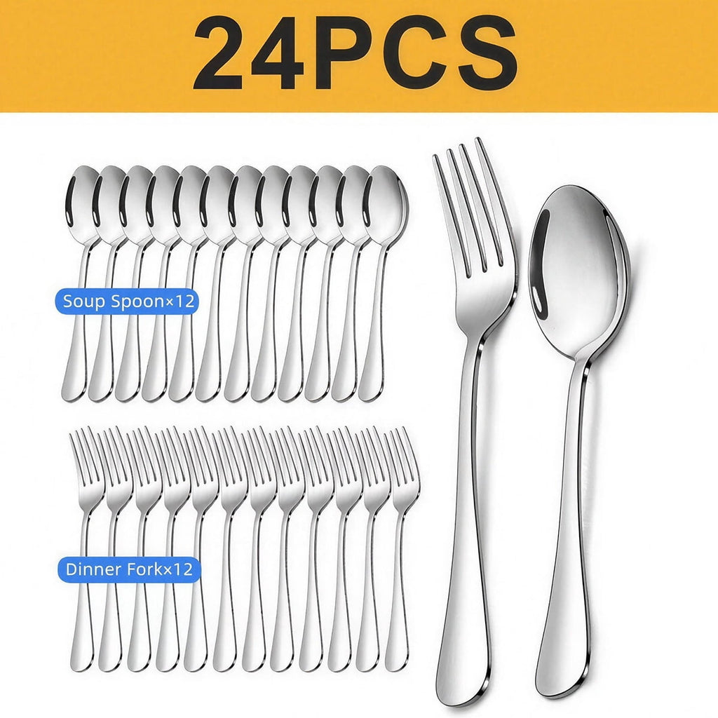 MYVIT 24-Piece Spoons and Forks Set, Stainless Steel Kitchen Silverware Set,Mirror Finish Lunch Serving Utensils Metal Cutlery Dishwasher Safe Flatware Set