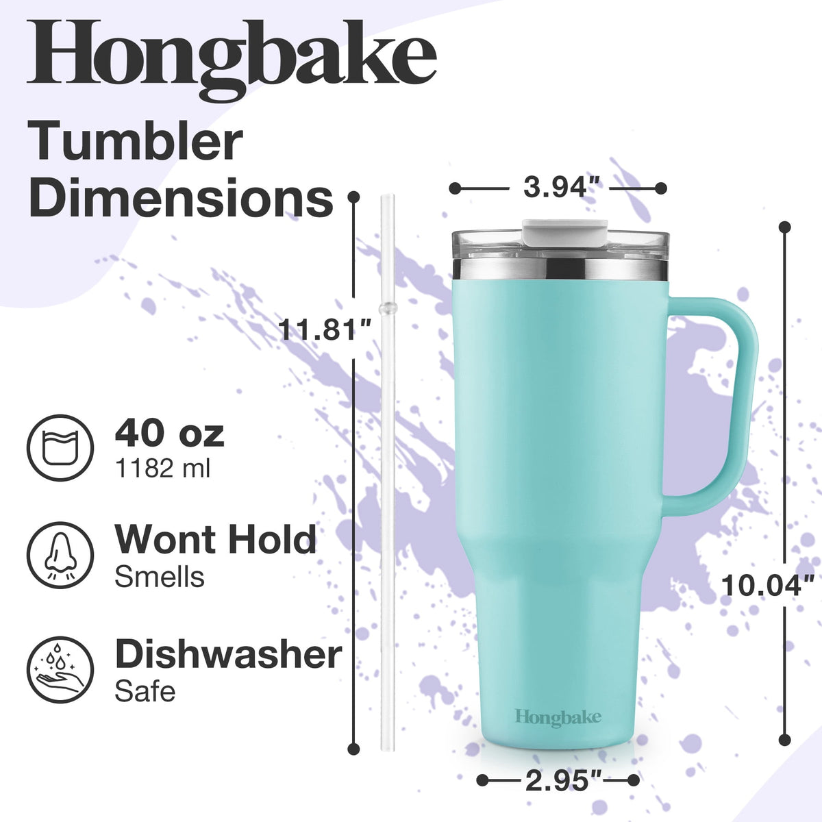 HONGBAKE 40 oz Tumbler with Handle and Straw Lid, Insulated Stainless Steel Tumbler, Travel Mug Fits Cup Holder, Dusty Lavender